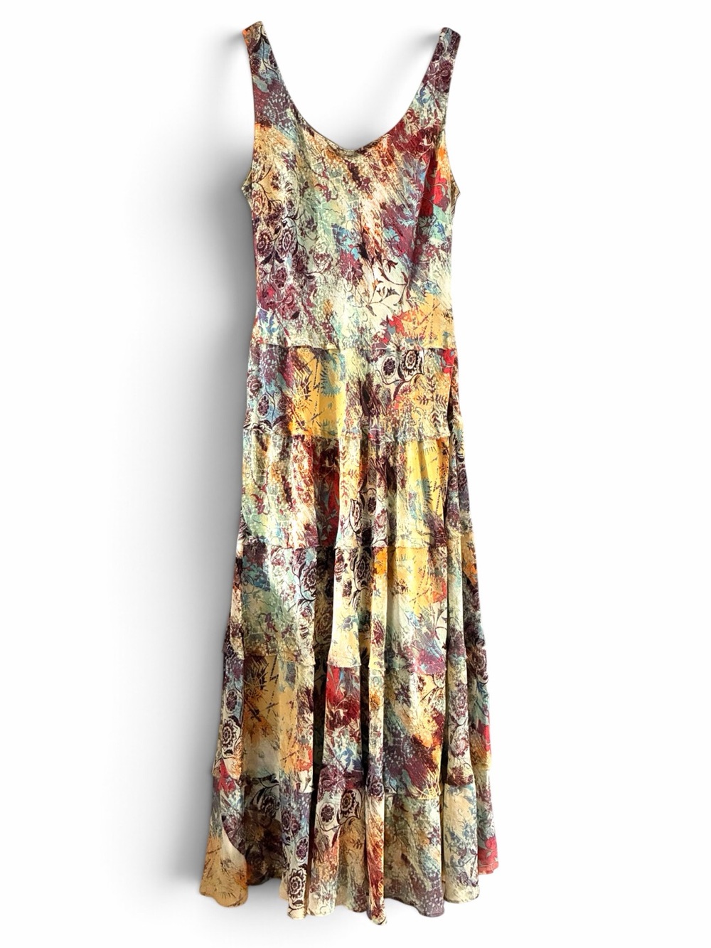 Nine West Grunge Multi Color Abstract Floral Tiered Sleeveless Maxi Dress 10